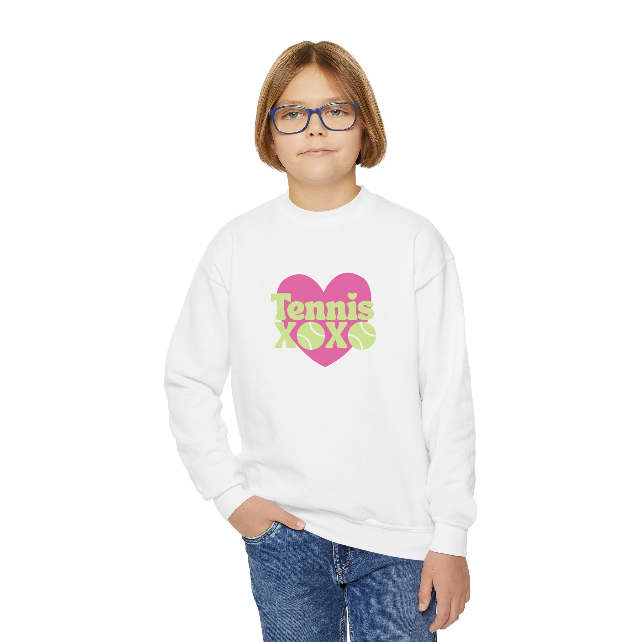Girl Junior's Crewneck Sweatshirt — Pink Heart “Tennis XOXO” Graphic sweatshirt