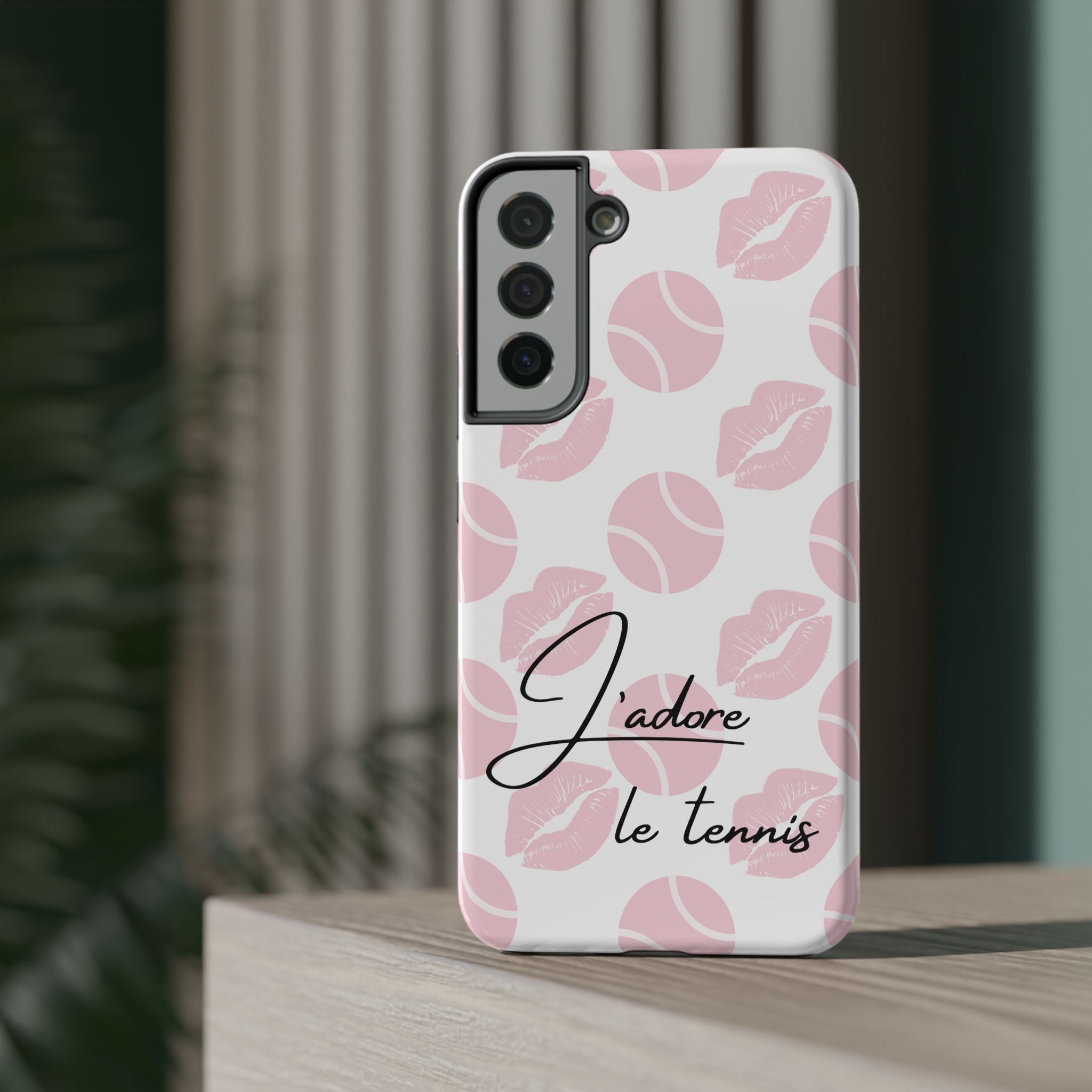 Impact-Resistant Phone Case - 'J'adore le tennis', pink tennis balls/lips