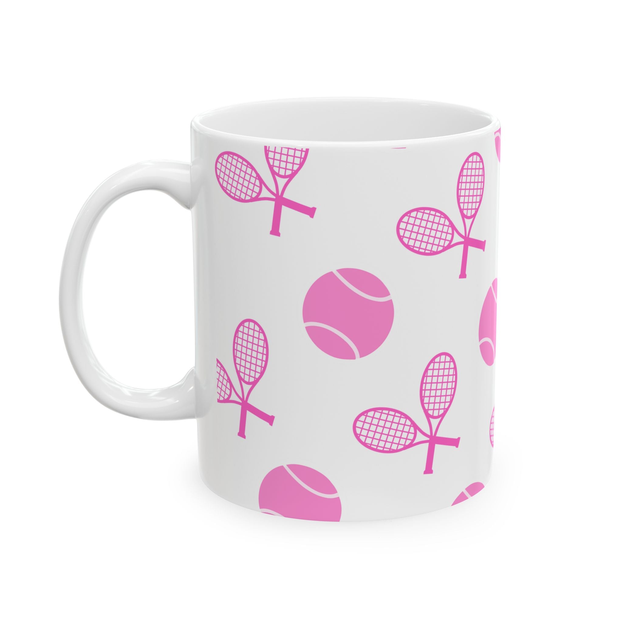 Pink Tennis Racket & Ball Ceramic Mug — 11oz/15oz Sports Gift