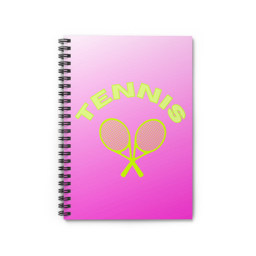 Tennis Spiral Notebook — Pink Gradient Ruled Journal with Neon Rackets
