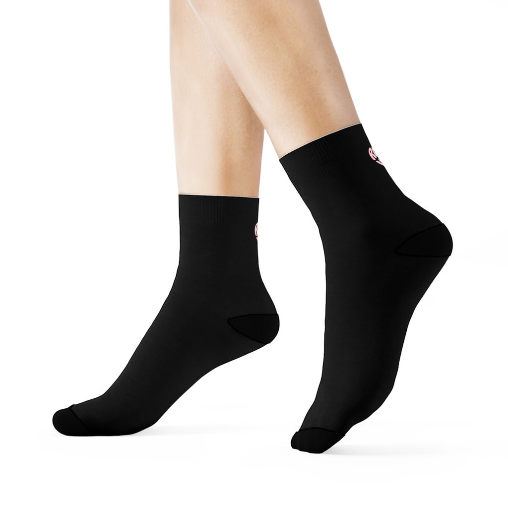 Women's Socks — Black/'Rally & Love' Pink Heart Graphic Cotton Crew Socks