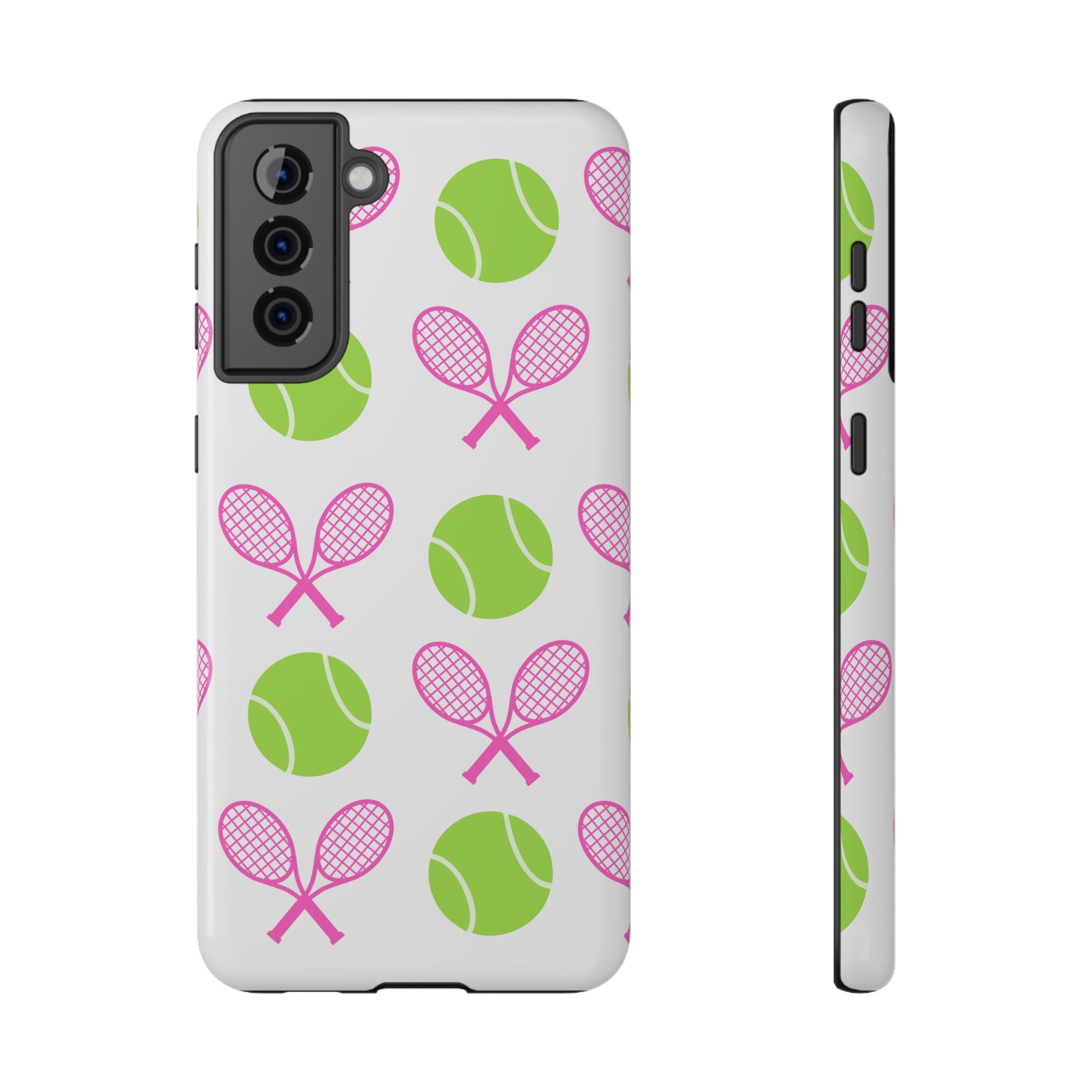 Tennis Pattern Impact-Resistant Phone Case — Pink Rackets & Green Balls