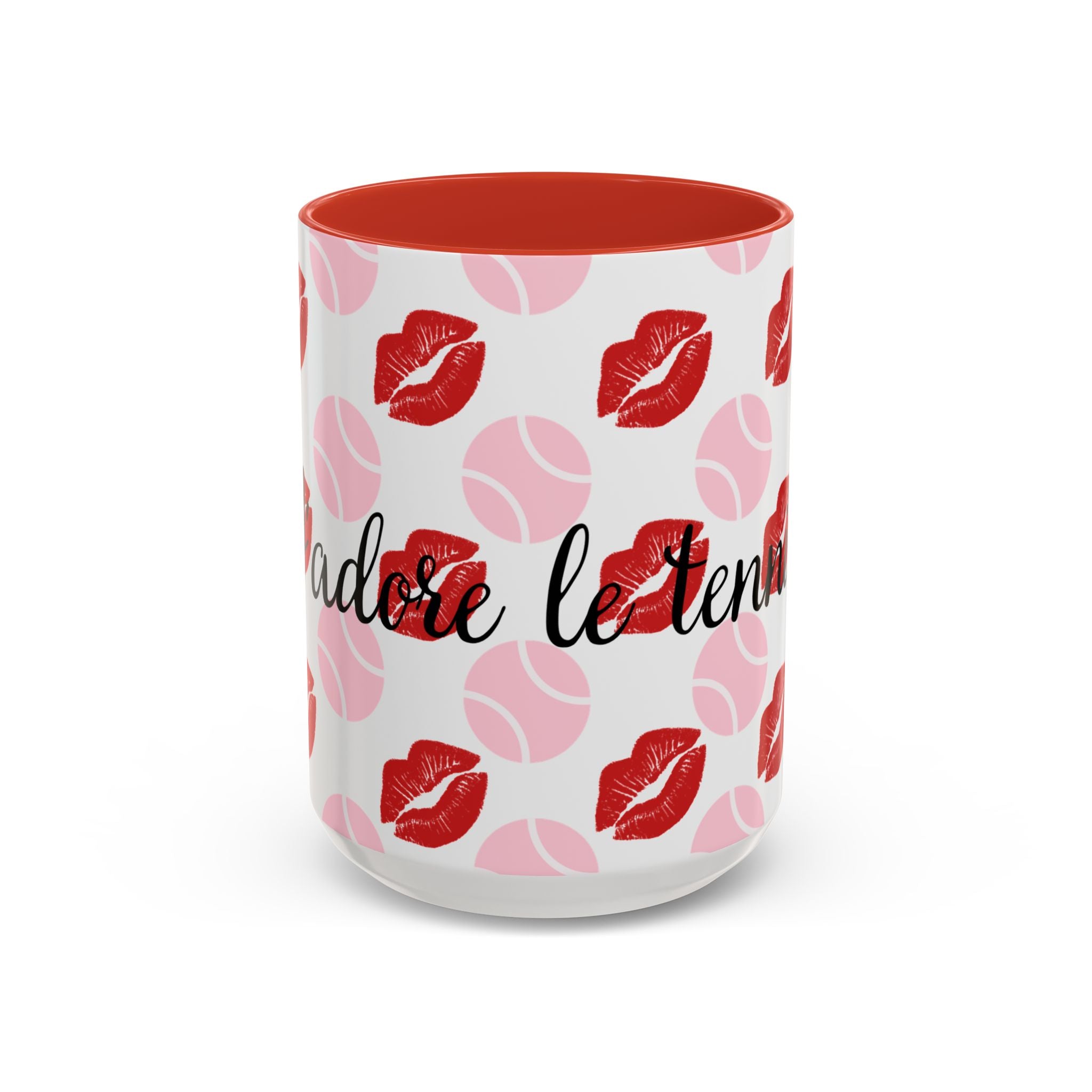 Tennis Kiss Accent Coffee Mug — 'Adore Le Tennis' Pink Balls & Red Lip Pattern (11/15 oz)