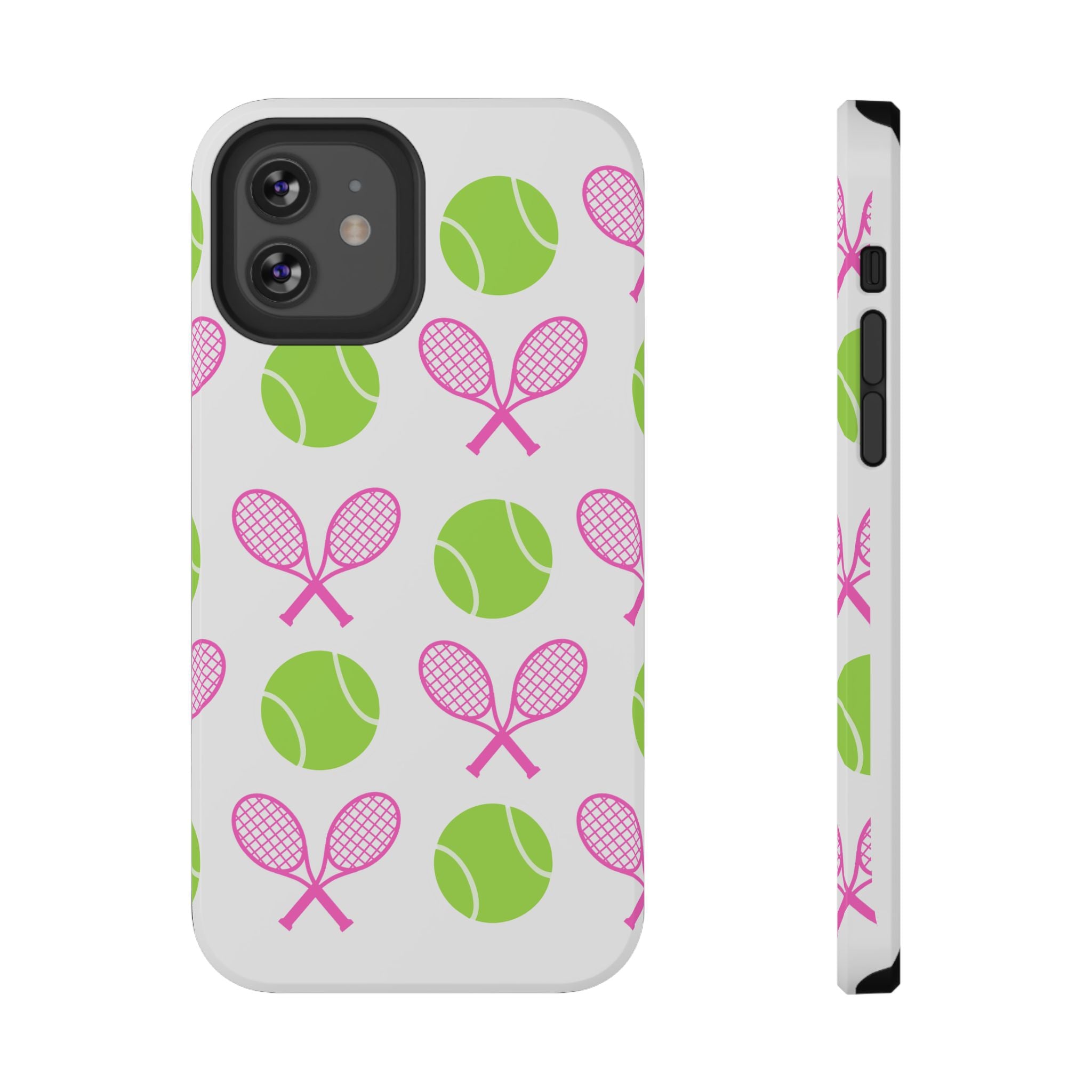 Tennis Pattern Impact-Resistant Phone Case — Pink Rackets & Green Balls