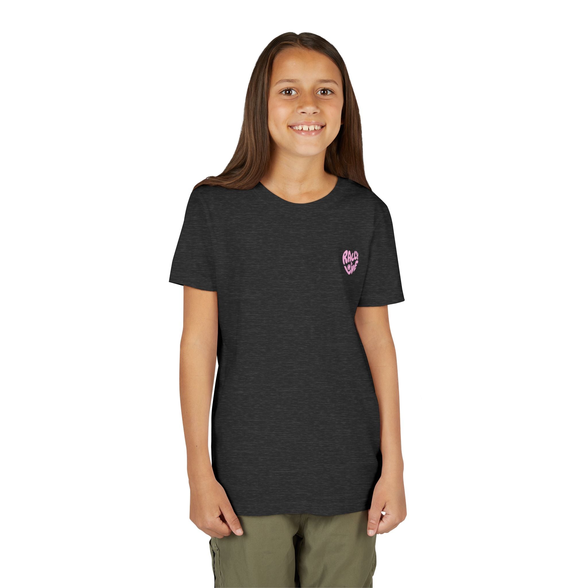 Girl's Junior Tee — 'Rally & Love' Heart Graphic Kids T-Shirt (bubblegum pink)