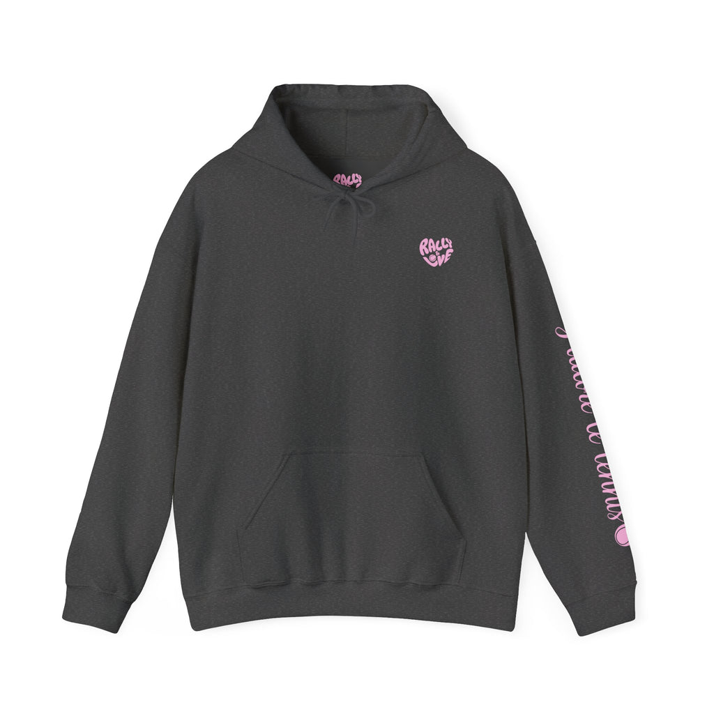 Women's Hoodie sweatshirt — "J'adore le tennis" Tennis Ball Sleeve Design (bubblegum pink)