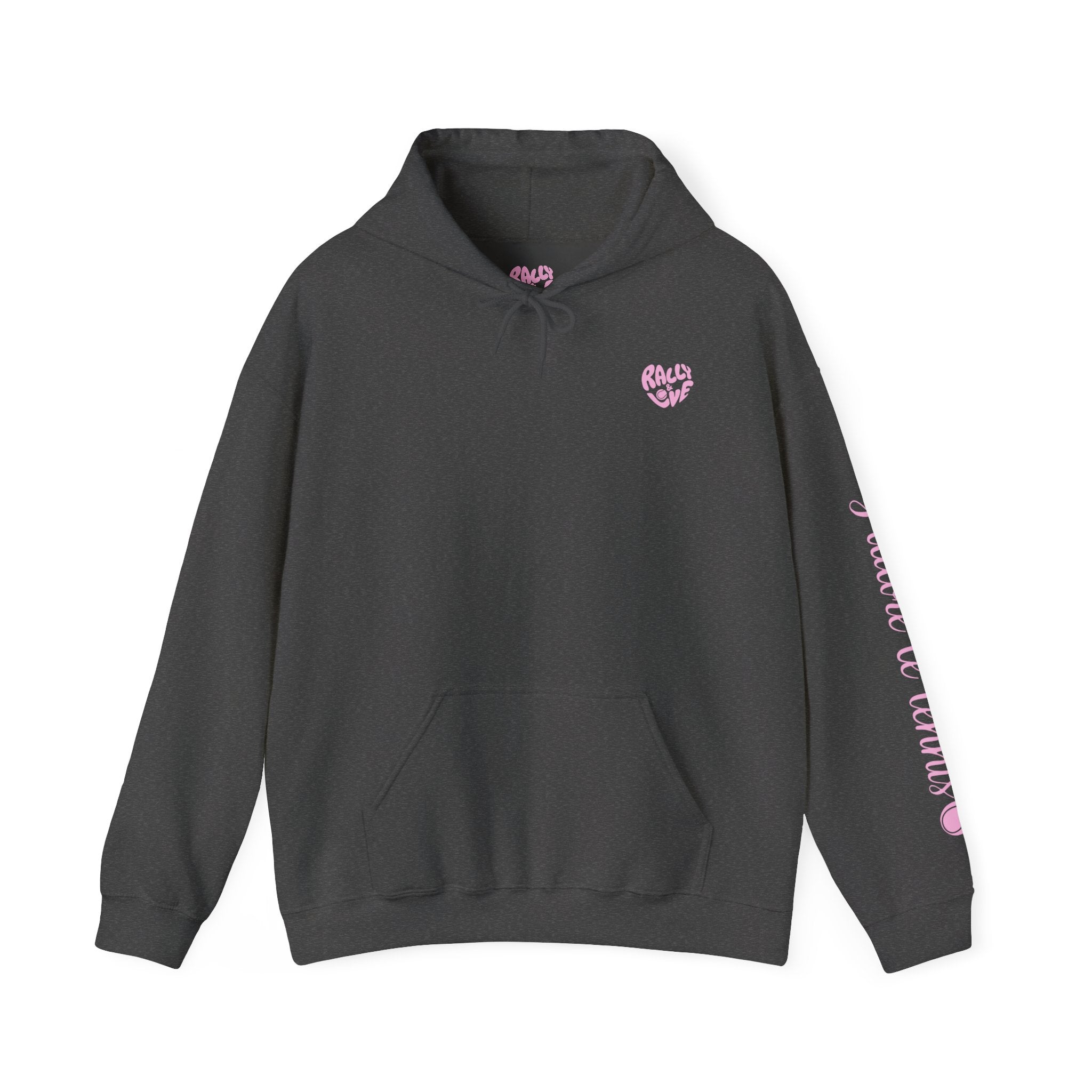 Women's Hoodie sweatshirt — "J'adore le tennis" Tennis Ball Sleeve Design (bubblegum pink)