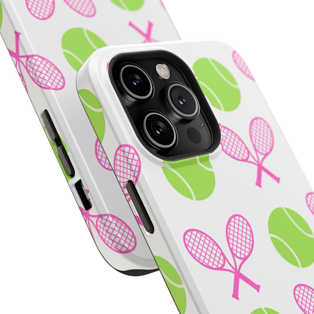 Tennis Pattern Impact-Resistant Phone Case — Pink Rackets & Green Balls