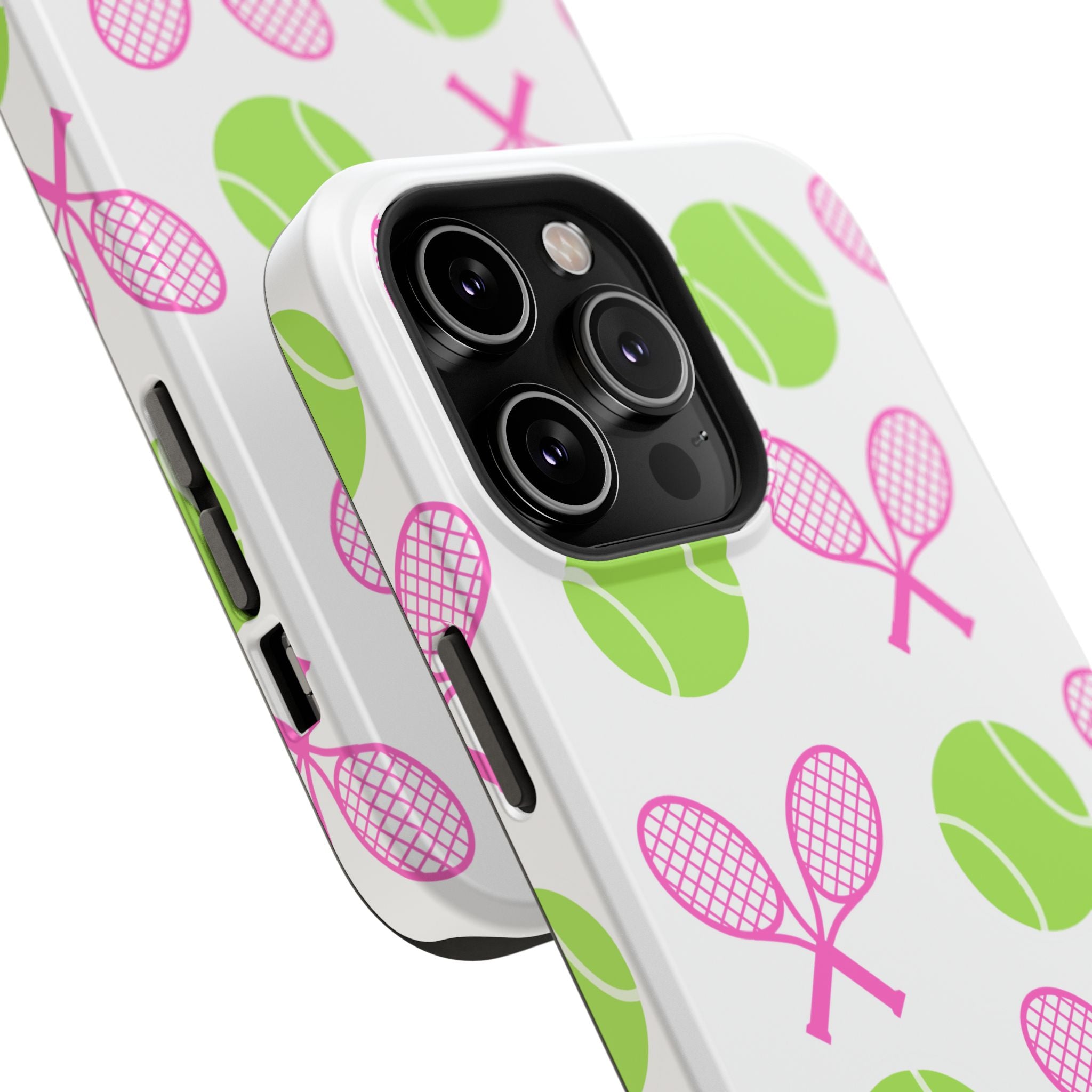 Tennis Pattern Impact-Resistant Phone Case — Pink Rackets & Green Balls