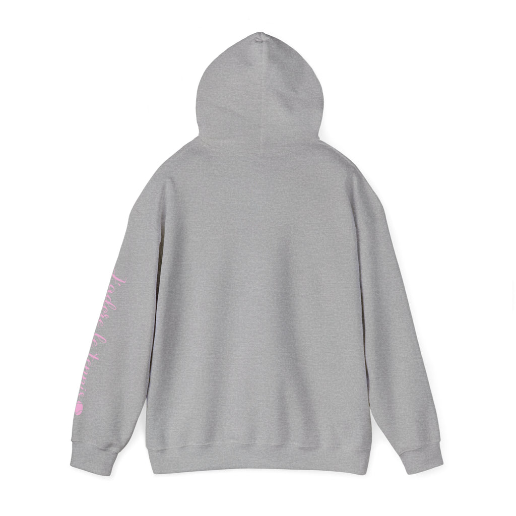 Women's Hoodie sweatshirt — "J'adore le tennis" Tennis Ball Sleeve Design (bubblegum pink)