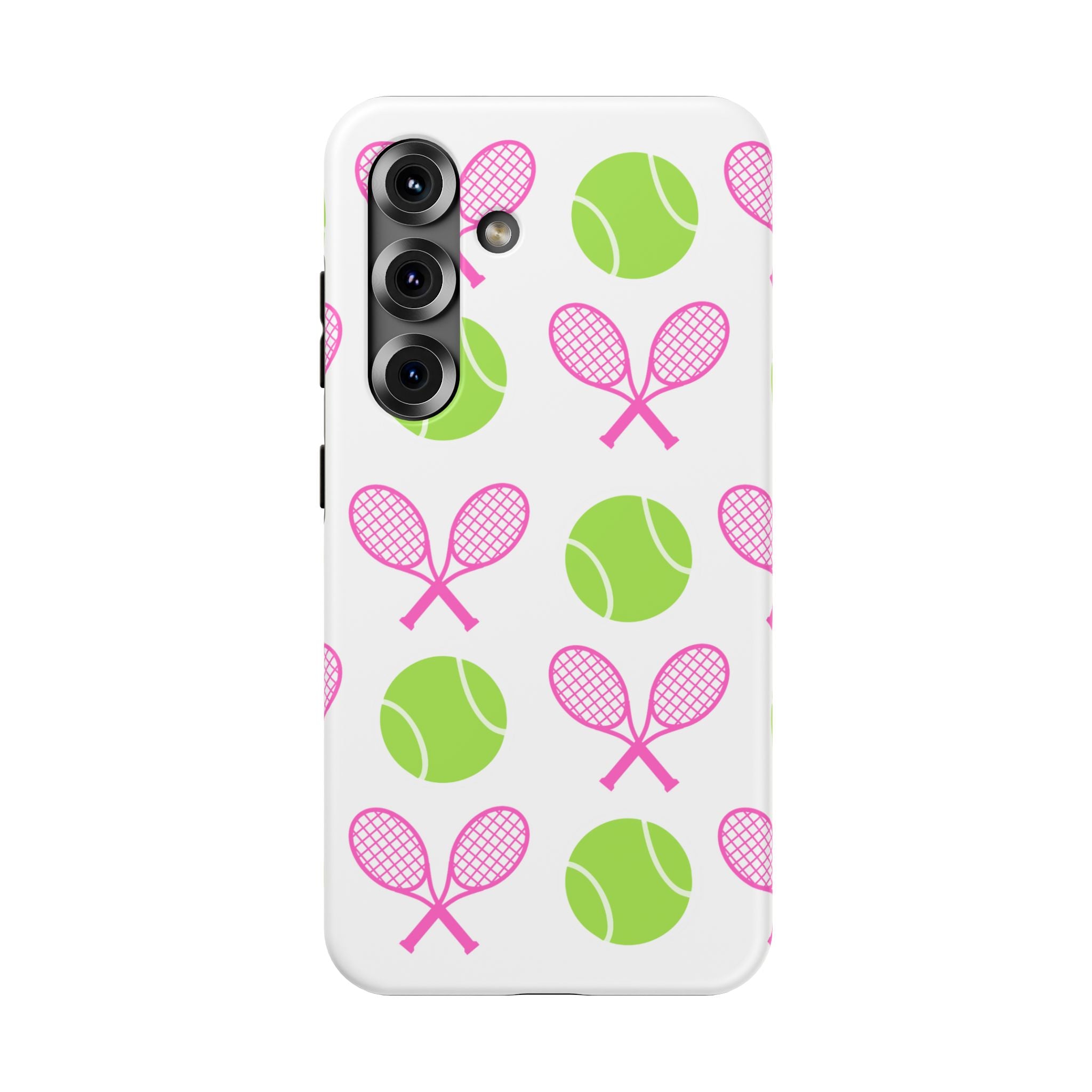 Tennis Pattern Impact-Resistant Phone Case — Pink Rackets & Green Balls