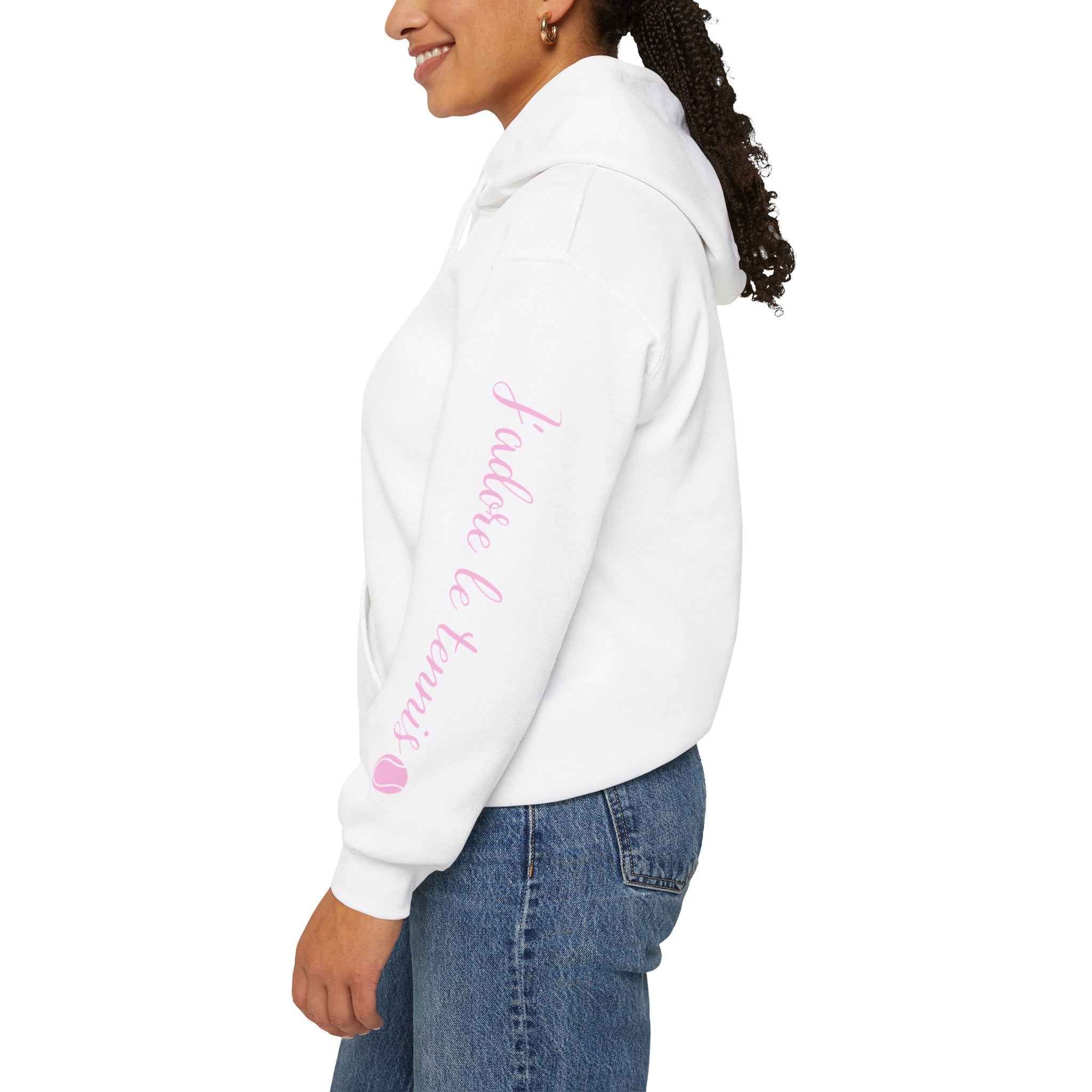 Women's Hoodie sweatshirt — "J'adore le tennis" Tennis Ball Sleeve Design (bubblegum pink)