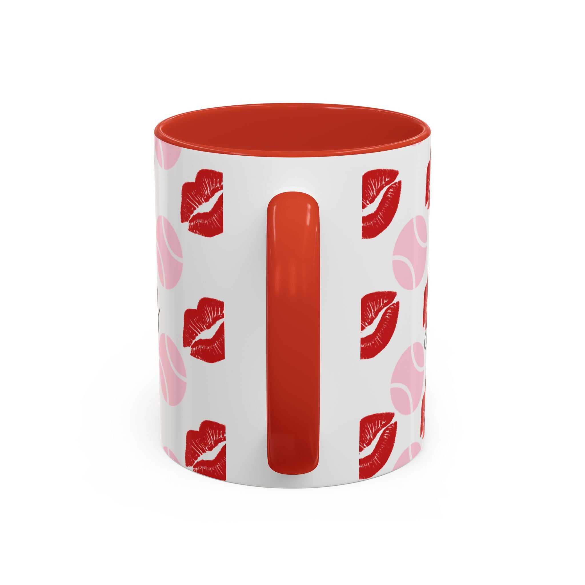 Tennis Kiss Accent Coffee Mug — 'Adore Le Tennis' Pink Balls & Red Lip Pattern (11/15 oz)