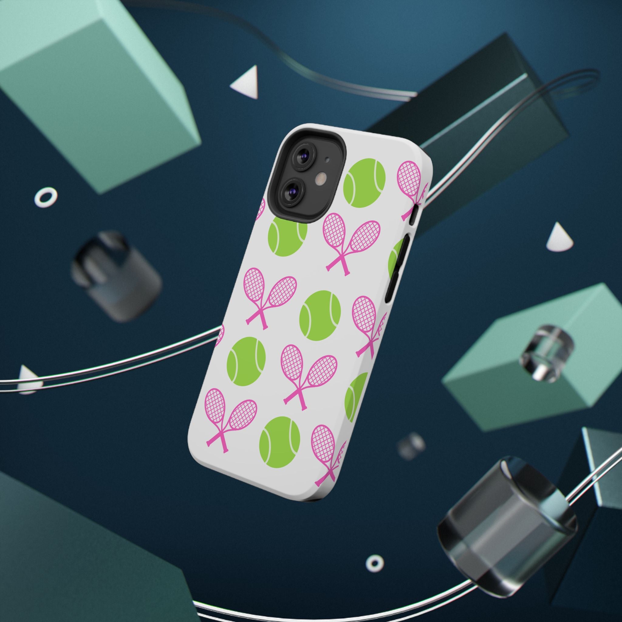 Tennis Pattern Impact-Resistant Phone Case — Pink Rackets & Green Balls
