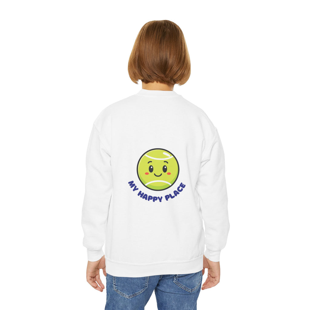 Boy's Junior Tennis Crewneck Sweatshirt — Cute Smiling Tennis Ball "My Happy Place"