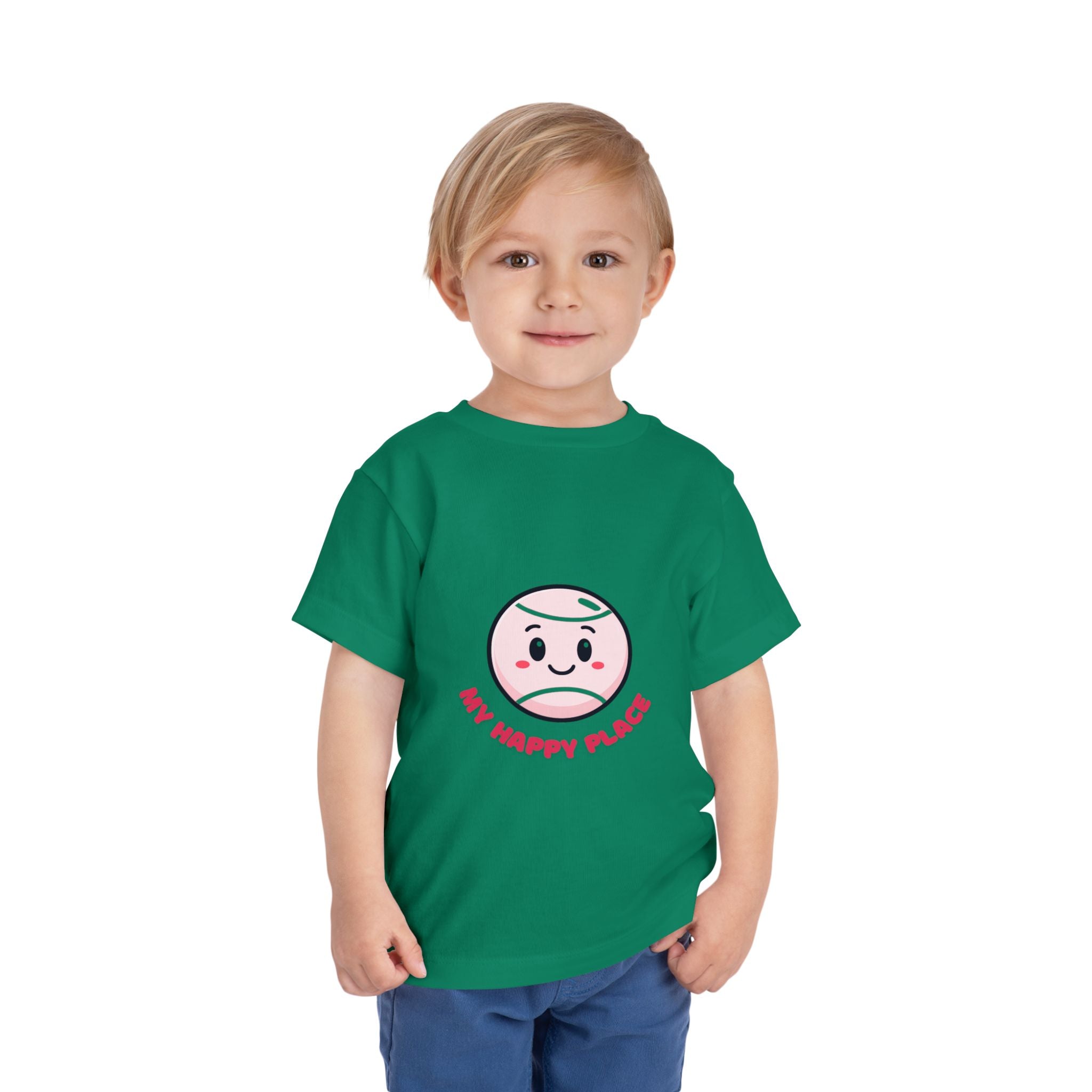 Girl Toddler's Junior Tee - 'My Happy Place' Cute Tennis Ball Smiley Face T-Shirt