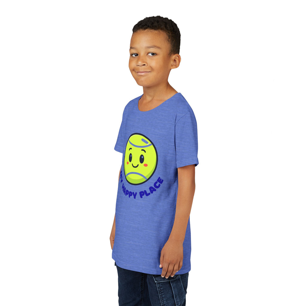 Boy's Junior Tee — Cute Smiling Tennis Ball "My Happy Place" Kids Shirt