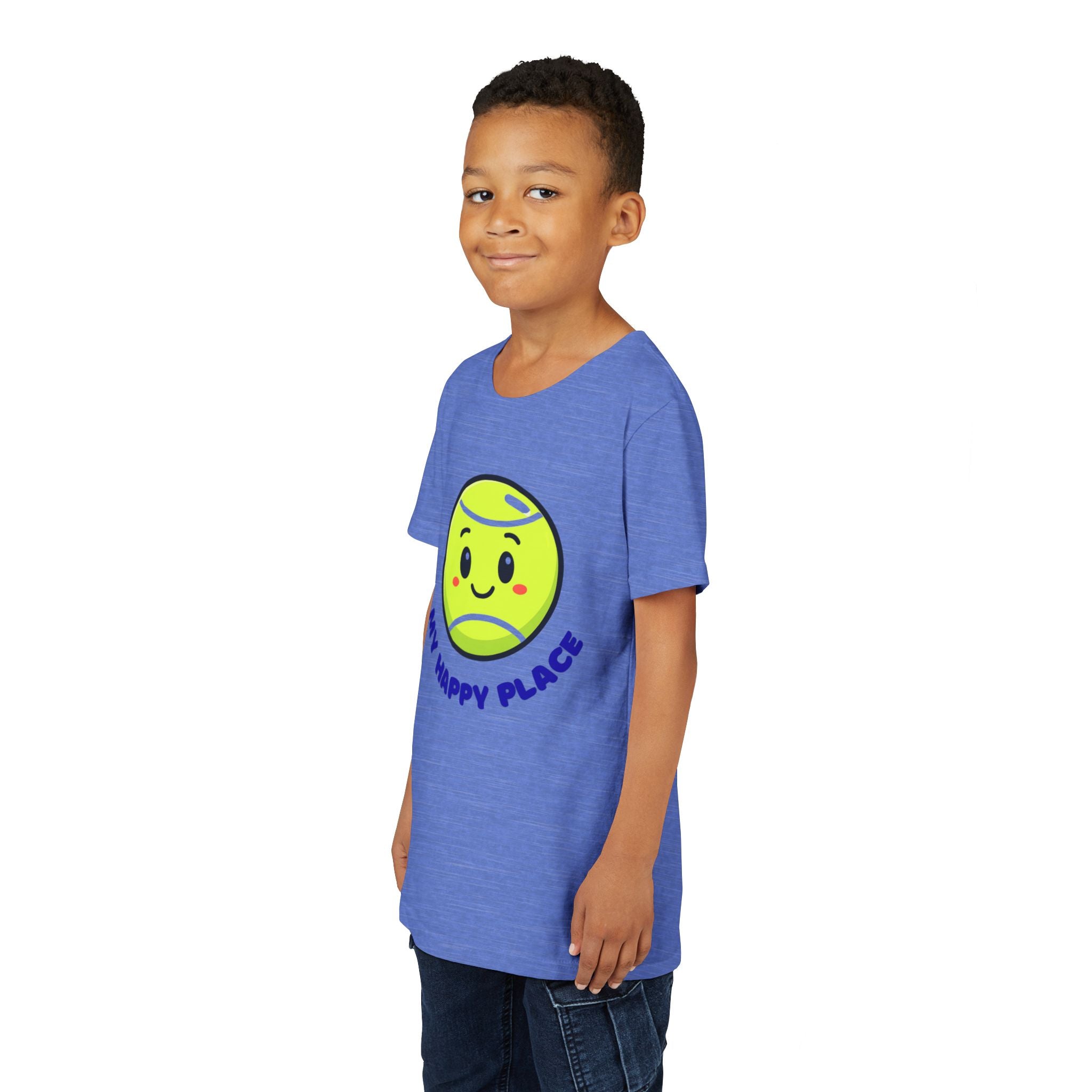 Boy's Junior Tee — Cute Smiling Tennis Ball "My Happy Place" Kids Shirt