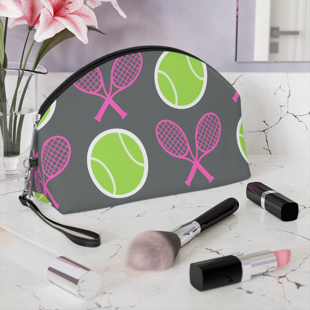 Tennis Makeup Bag — Gray/Pink/Yellow Tennis Ball & Racket Cosmetic Pouch for Players