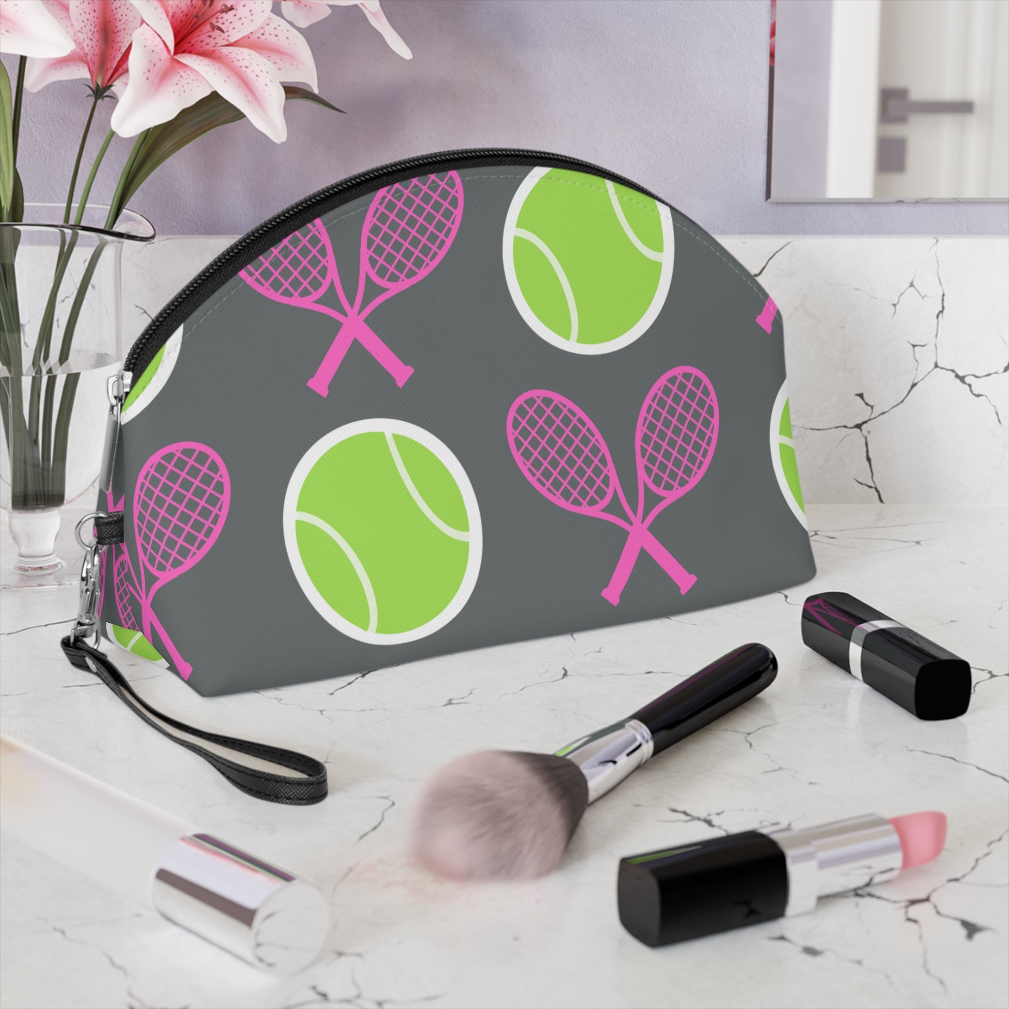 Tennis Makeup Bag — Gray/Pink/Yellow Tennis Ball & Racket Cosmetic Pouch for Players