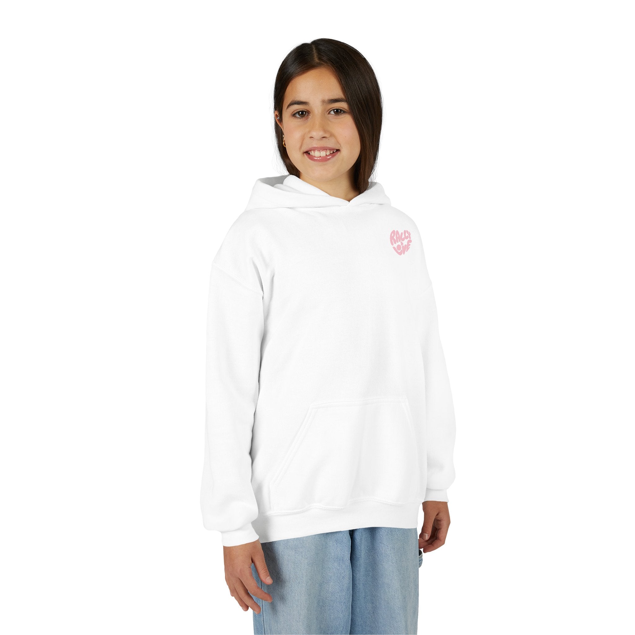 Girl's Junior Hoodie sweatshirt — "Rally & Love" Heart Chest Tennis Graphic Sweatshirt (Pink logo)