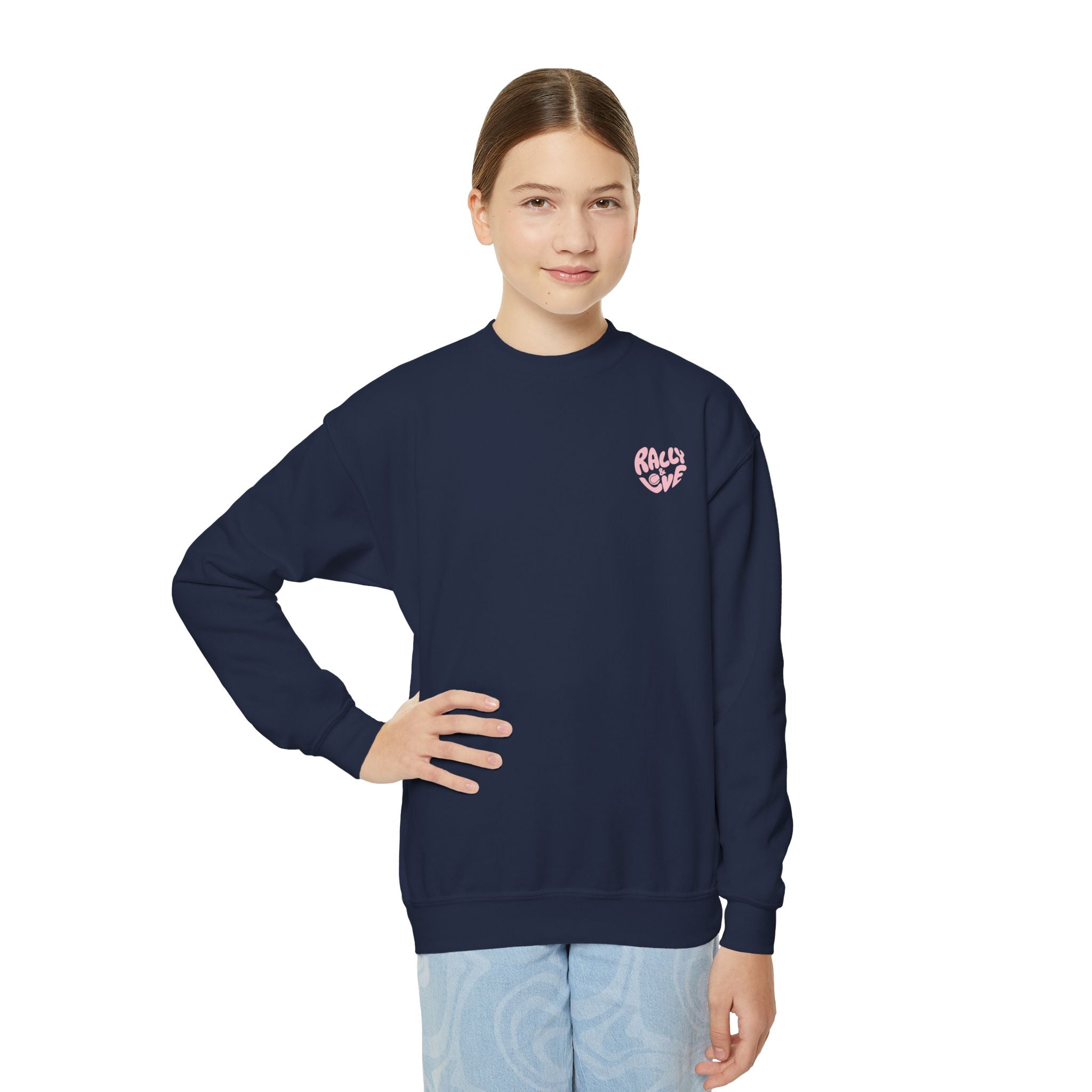 Girls Junior Tennis Crewneck Sweatshirt — 'Rally & Love' logo (bubblegum pink)