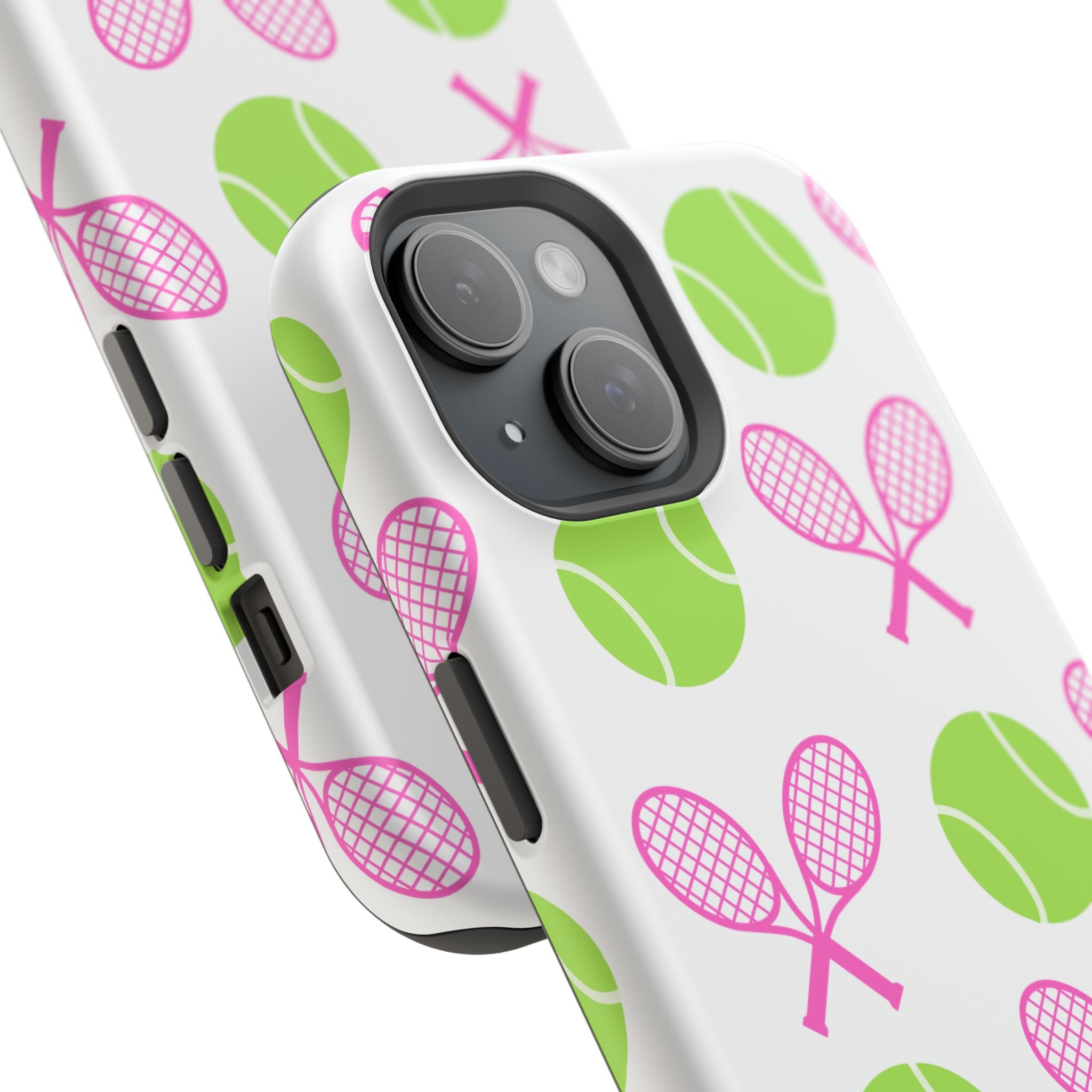 Tennis Pattern Impact-Resistant Phone Case — Pink Rackets & Green Balls