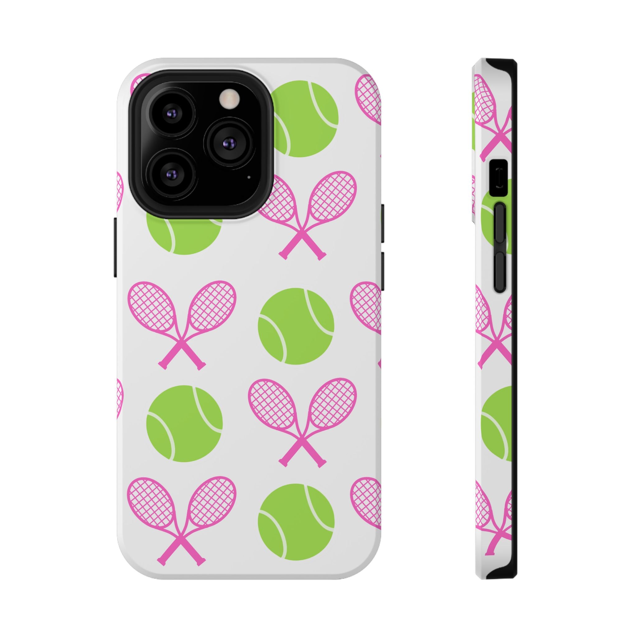 Tennis Pattern Impact-Resistant Phone Case — Pink Rackets & Green Balls