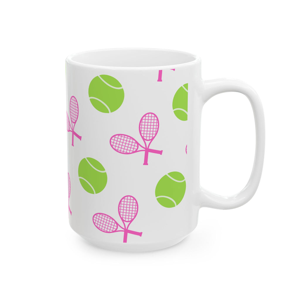 Pink/Green Tennis Racket & Ball Ceramic Mug — 11oz/15oz Sports Gift