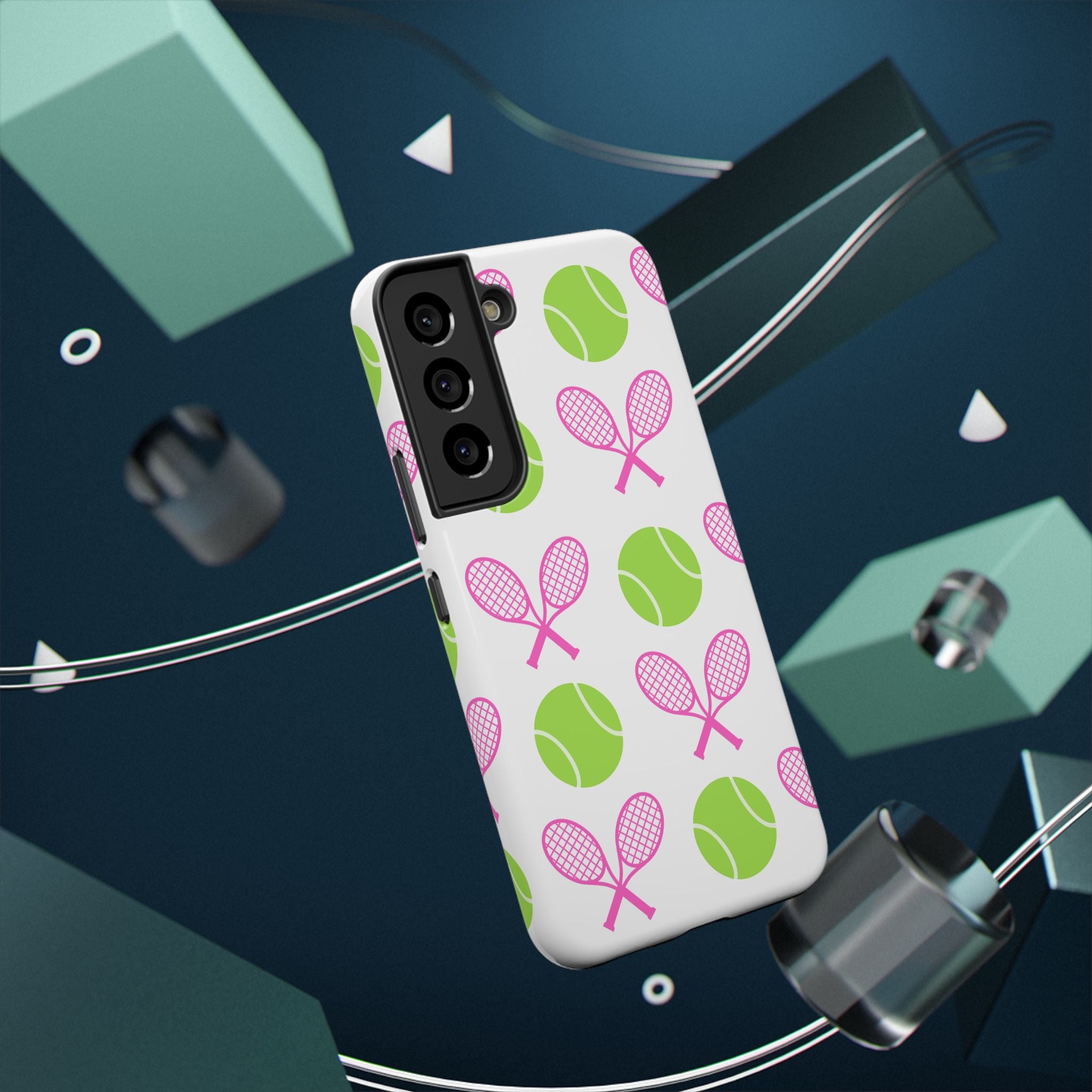 Tennis Pattern Impact-Resistant Phone Case — Pink Rackets & Green Balls