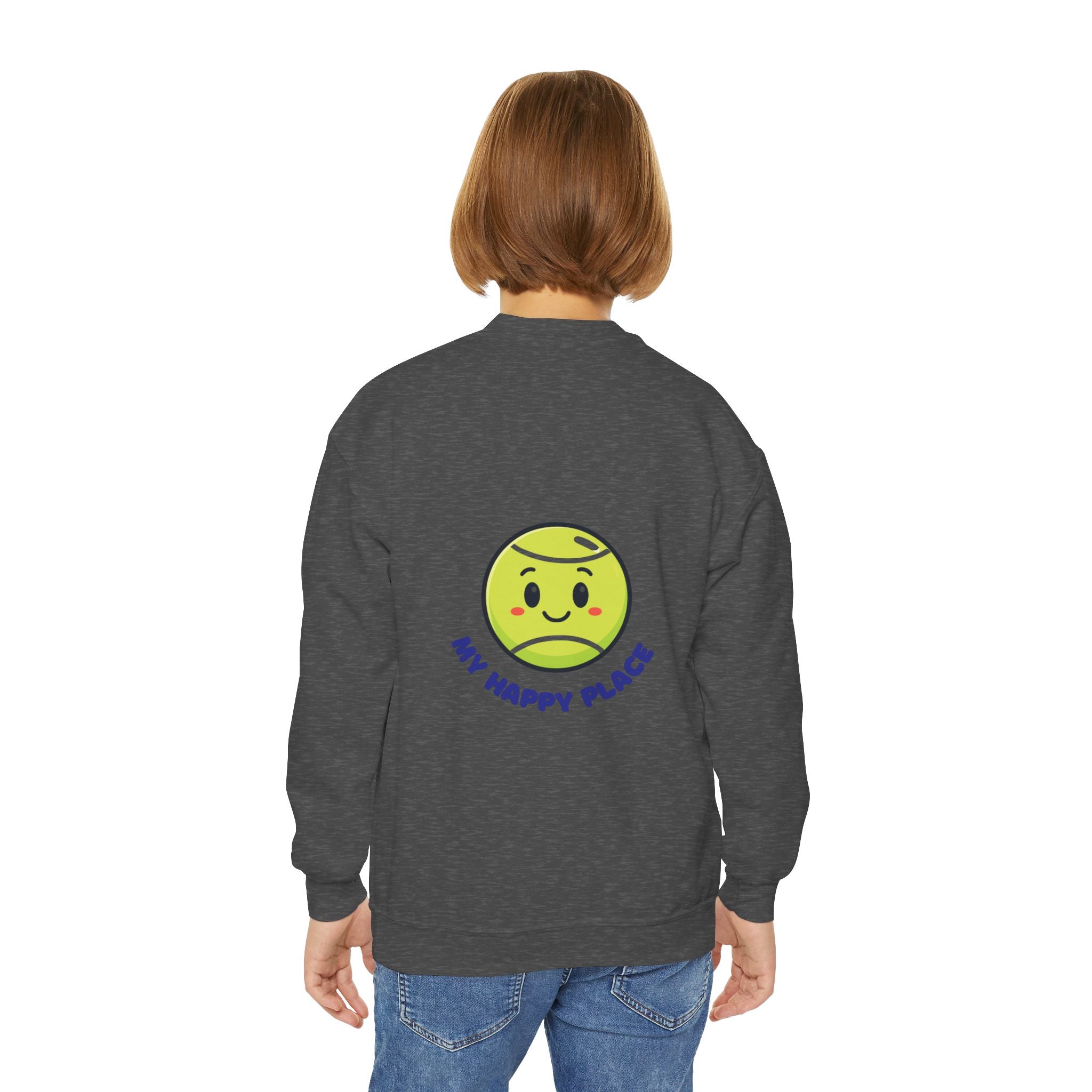 Boy's Junior Tennis Crewneck Sweatshirt — Cute Smiling Tennis Ball "My Happy Place"