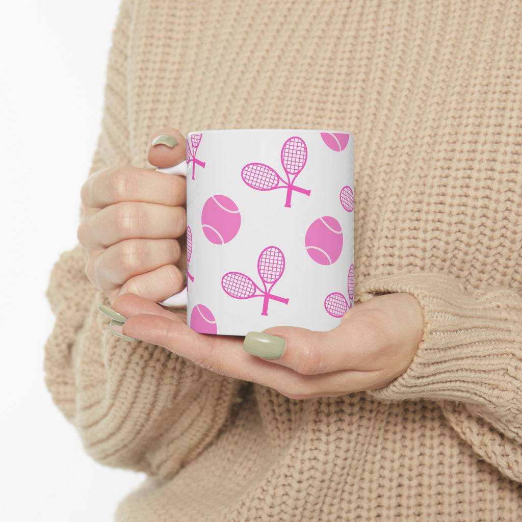 Pink Tennis Racket & Ball Ceramic Mug — 11oz/15oz Sports Gift