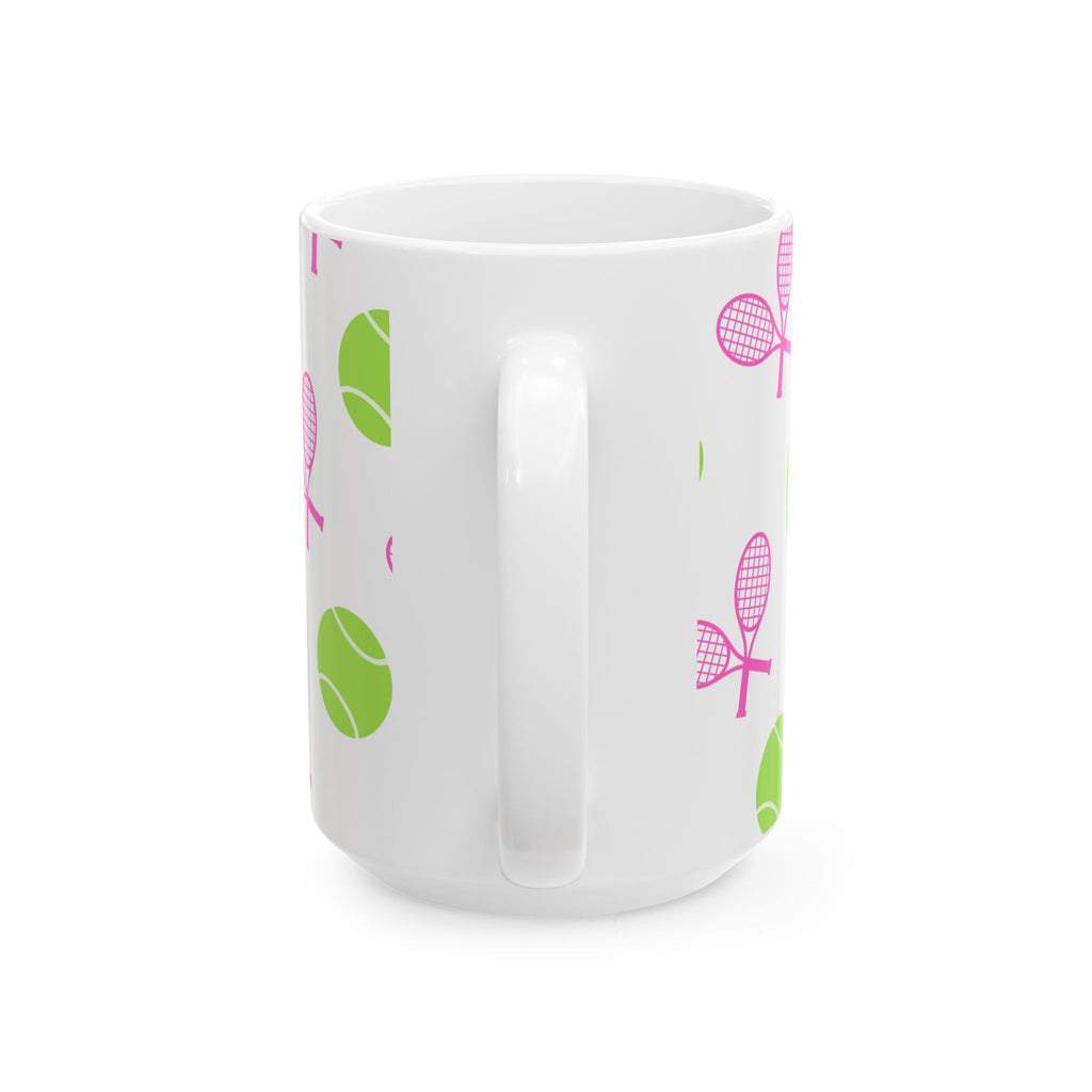 Pink/Green Tennis Racket & Ball Ceramic Mug — 11oz/15oz Sports Gift