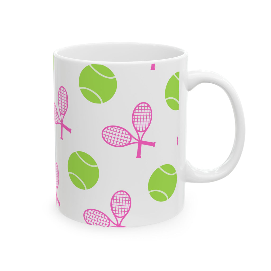 Pink/Green Tennis Racket & Ball Ceramic Mug — 11oz/15oz Sports Gift